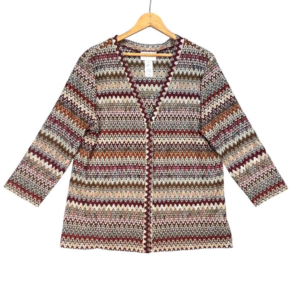 Alfred Dunner Multicolor Retro Grannycore Zigzag Button Cardigan Sweater Medium